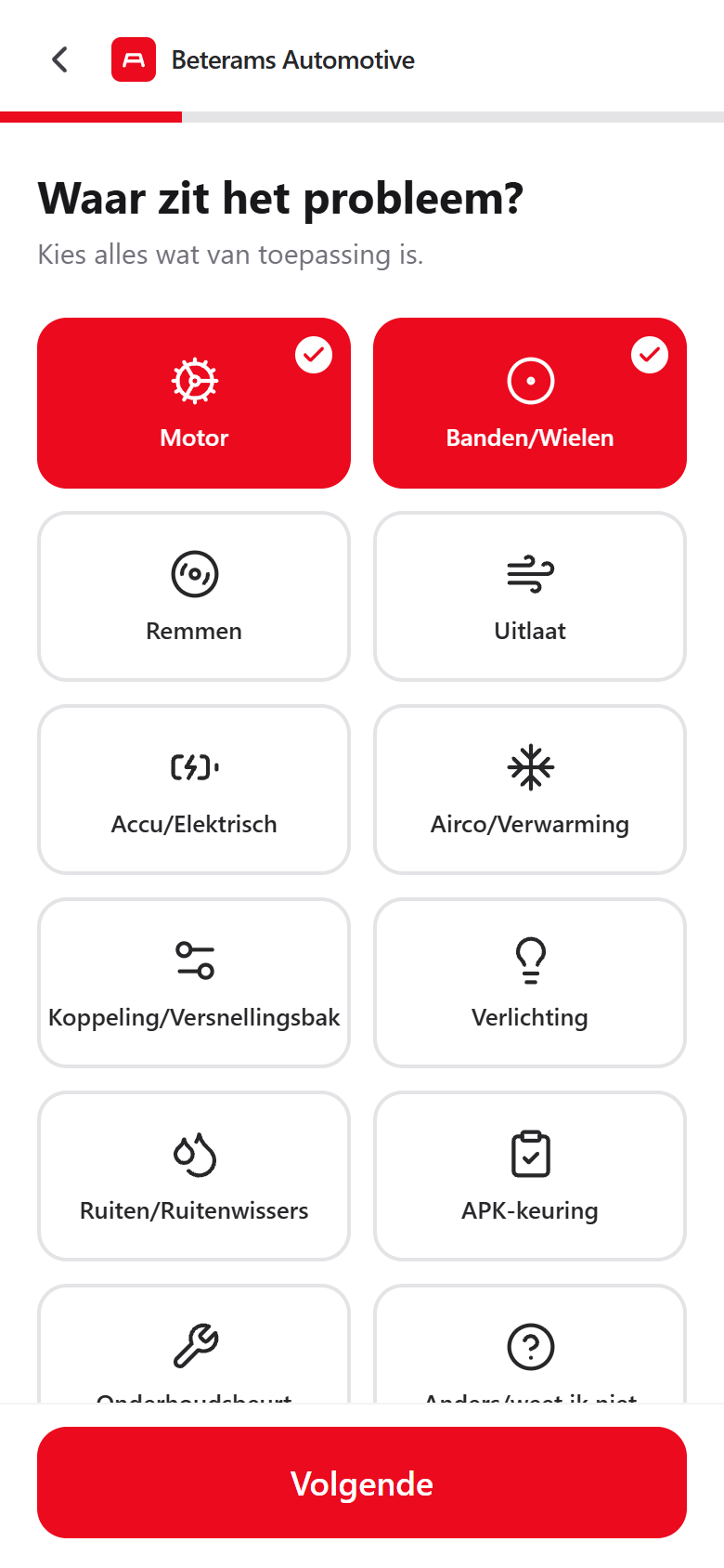 Icon-based problem picker listing car systems like engine, tyres, and brakes