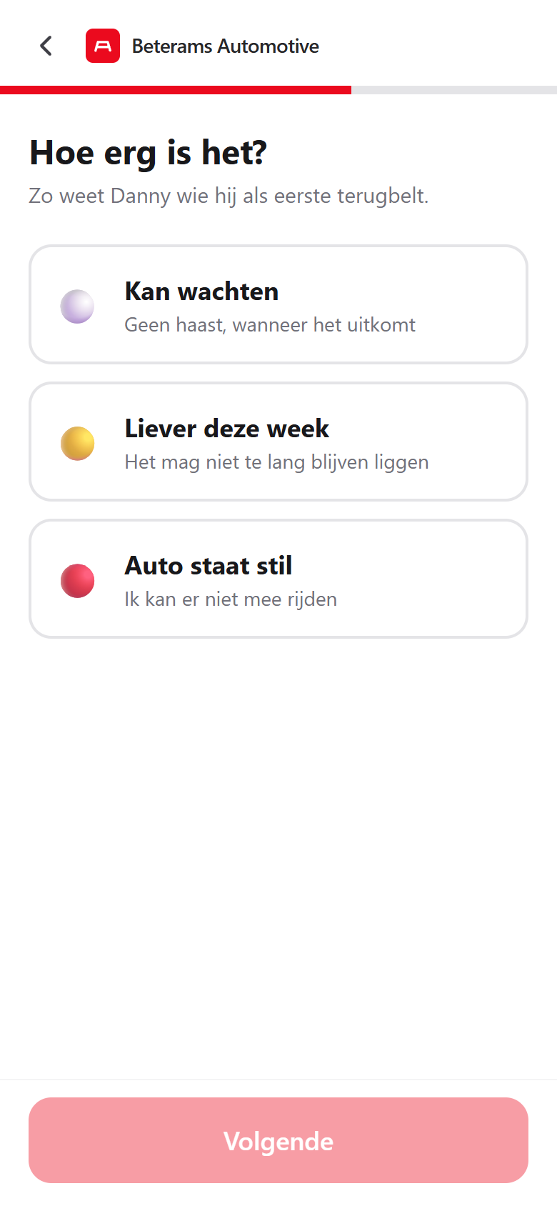 Urgency triage step with three colour-coded options, from can-wait to car-won't-drive